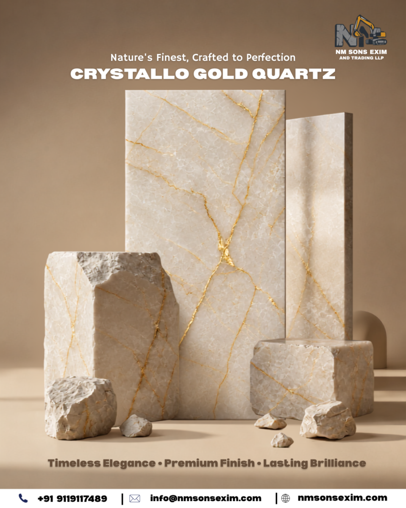 Cristallo Gold Quartz slab with elegant golden and white natural patterns